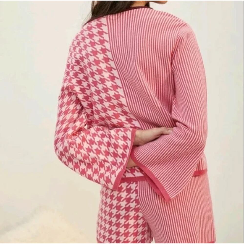 Dolan Pink & Cranberry Stripe Houndstooth Lounge Sweater M - Picture 2 of 6